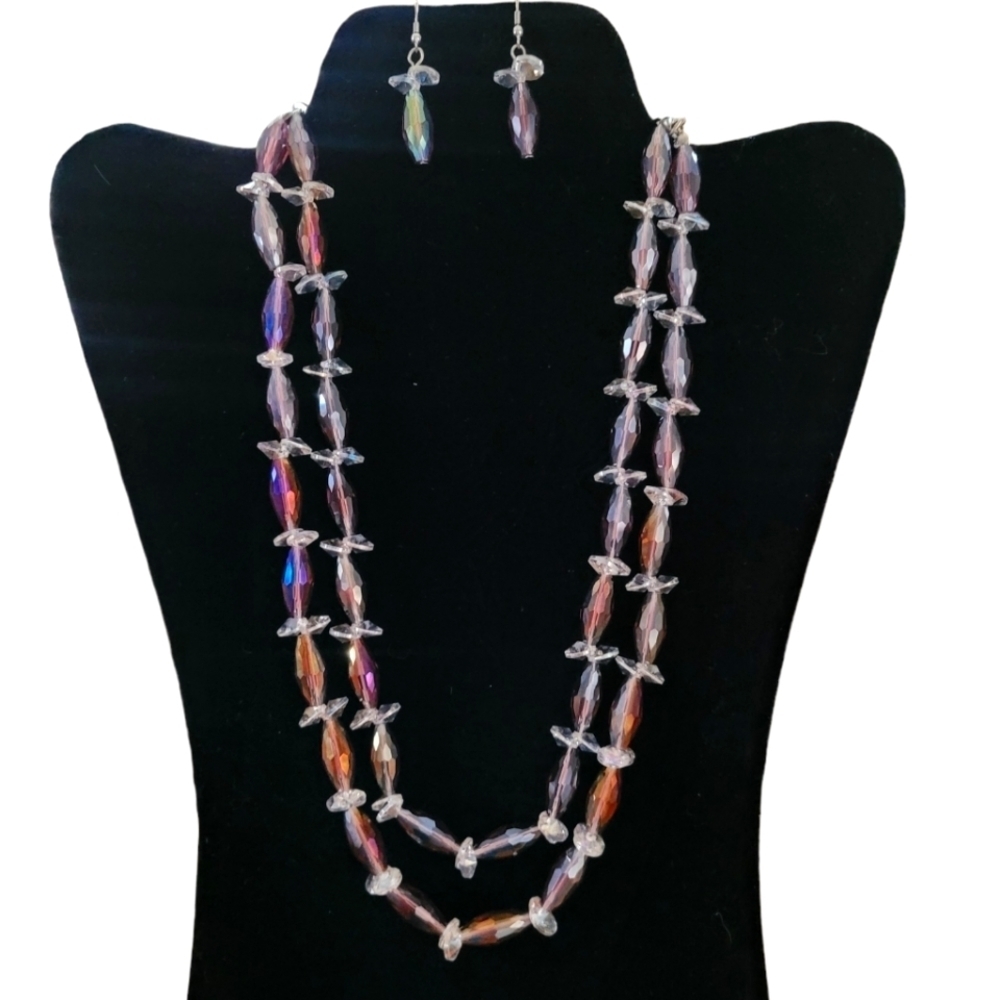 Vintage - Czech Aurora Borealis Cut Glass Two Strand Necklace and Earring Set